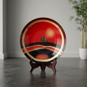 Extra Large Reverse Painted Art Glass Low Bowl-Red Black Gold-Centerpiece-Modern